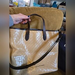 Dooney & Bourke Tan Woven Tote Bag with Dark Brown Handles
